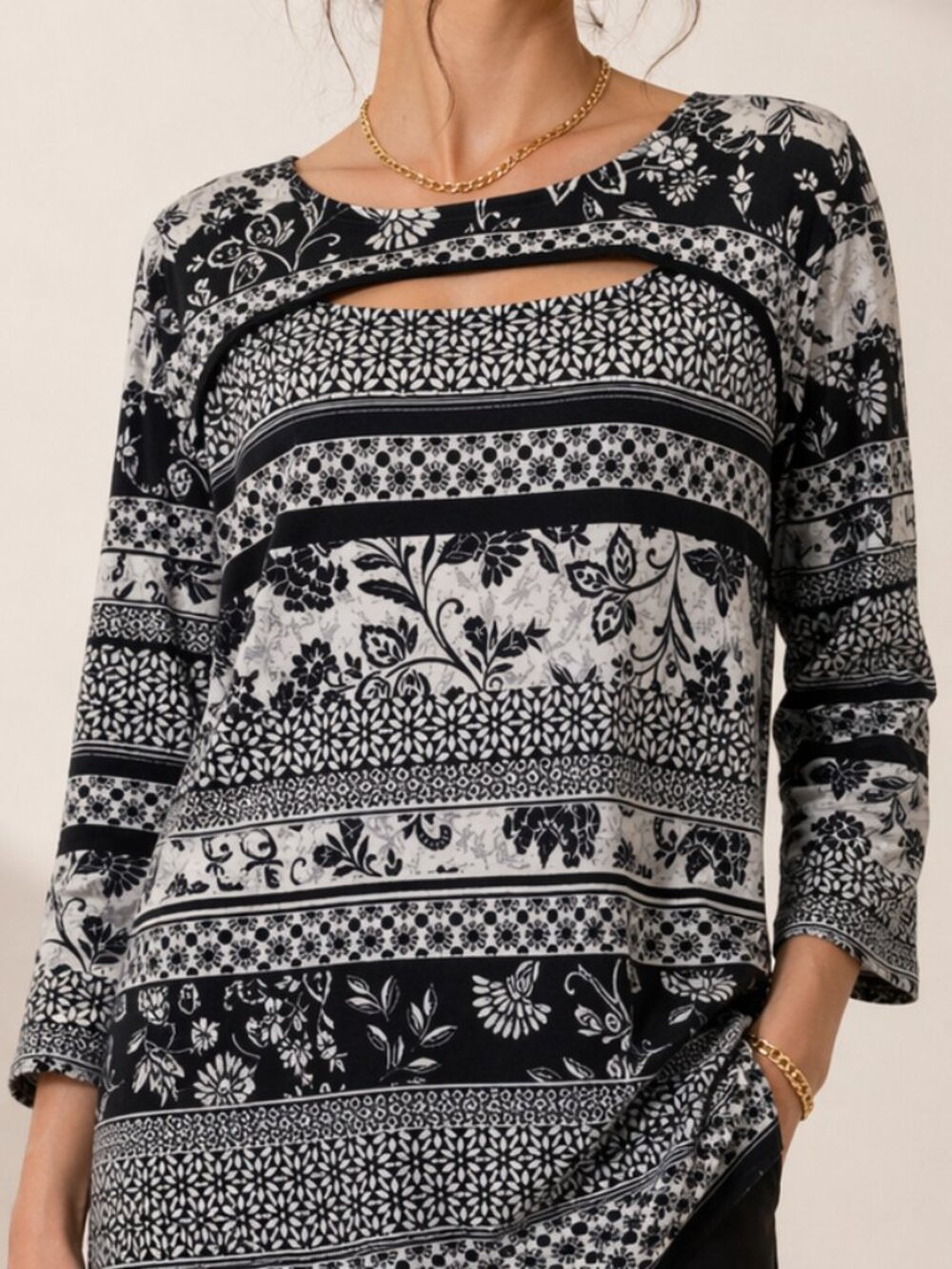 Allison Daley 2X Tunic Boho Floral 3/4 Sleeves Knit